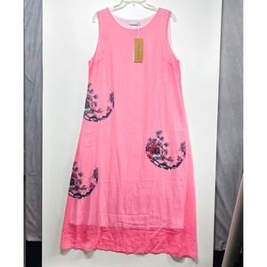 Tendency Pink Sleeveless Midi‎ Dress Oriental Landscape Print Size L with Slip